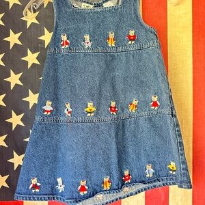 Denim Dress with Bear Embroidery